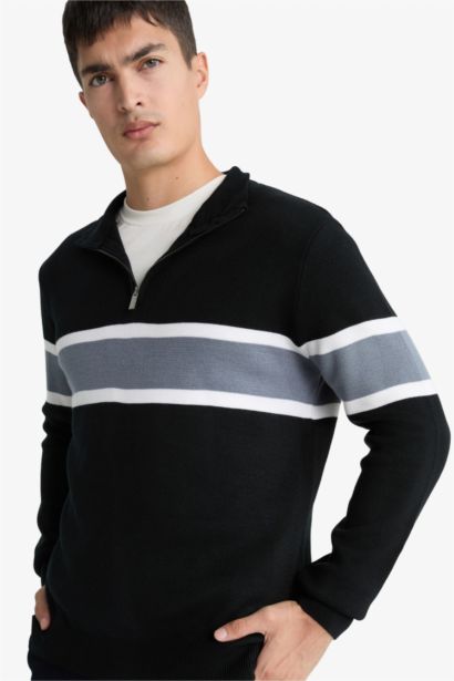 Standard Fit Half Zipper Striped Knit Pullover