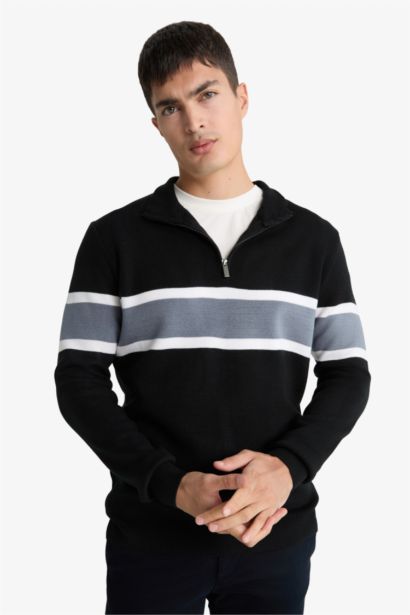 Standard Fit Half Zipper Striped Knit Pullover