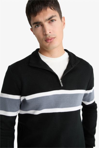 Standard Fit Half Zipper Striped Knit Pullover