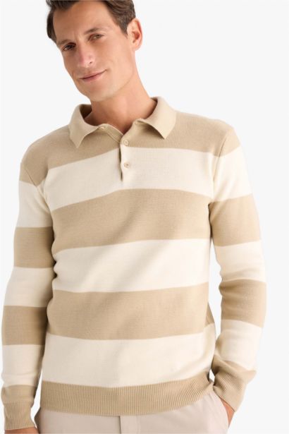 Standart Fit Polo Yaka Düğmeli Renk Bloklu Triko Kazak