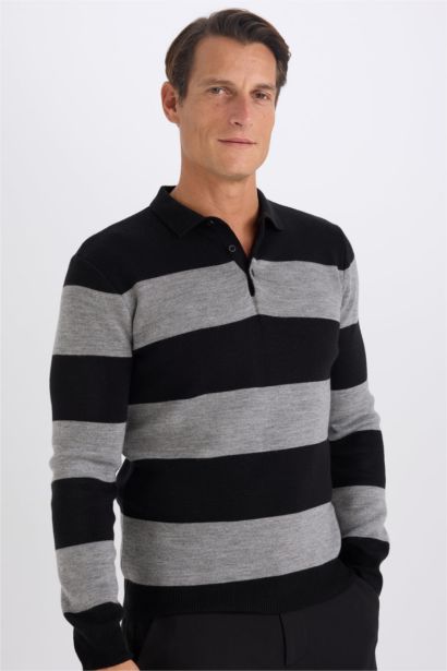 Standart Fit Normal Kesim Çizgili Polo Yaka Triko Kazak