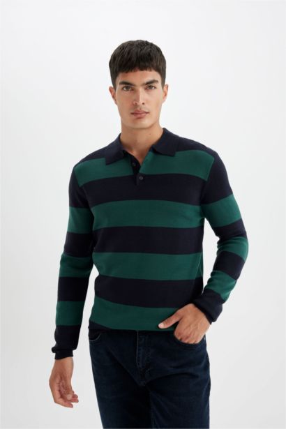 Standart Fit Normal Kesim Çizgili Polo Yaka Triko Kazak