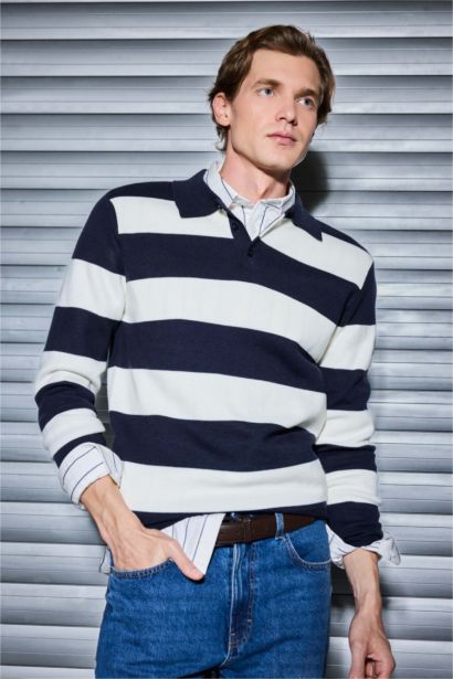 Standart Fit Polo Yaka Düğmeli Renk Bloklu Triko Kazak