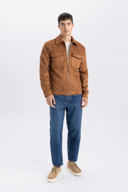 Slim Fit Dar Kesim Polo Yaka Astarlı Fermuarlı Cepli Mevsimlik Baharlık Süet Mont