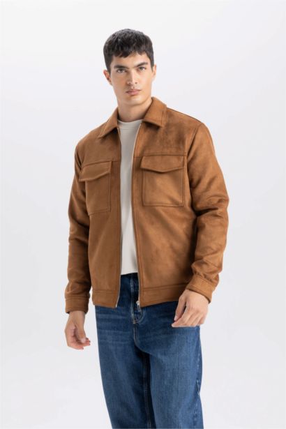 Slim Fit Dar Kesim Polo Yaka Astarlı Fermuarlı Cepli Mevsimlik Baharlık Süet Mont