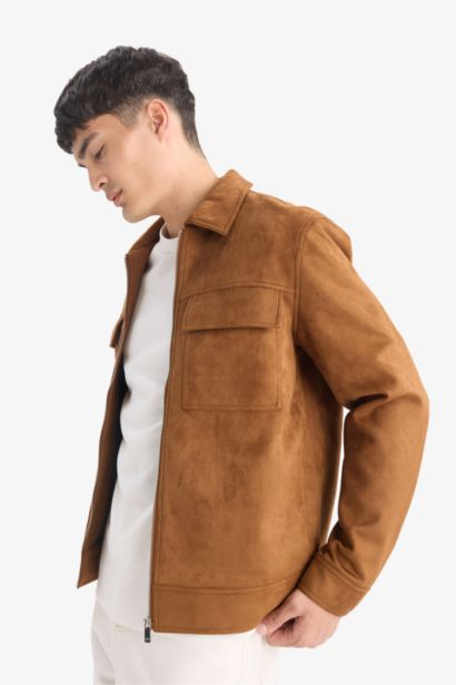 Slim Fit Dar Kesim Polo Yaka Astarlı Fermuarlı Cepli Mevsimlik Baharlık Süet Mont