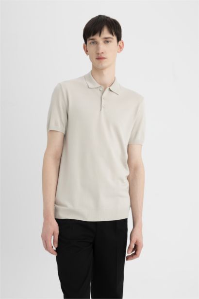 Slim Fit Dar Kesim Polo Yaka Kısa Kollu Basic Düz Triko Tişört