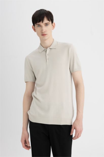 Slim Fit Dar Kesim Polo Yaka Kısa Kollu Basic Düz Triko Tişört