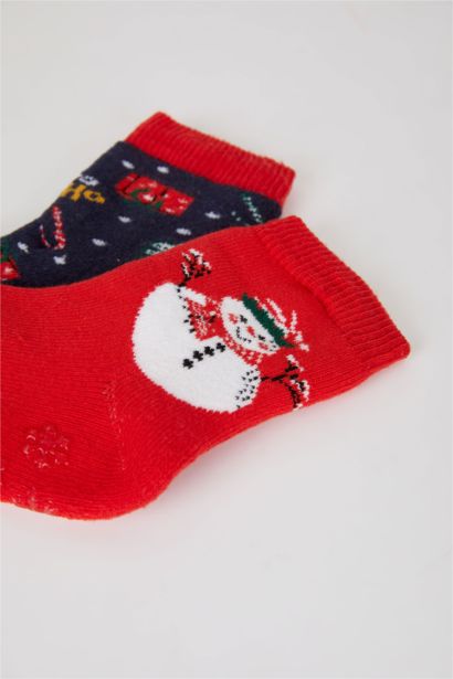 Yılbaşı Temalı Kaydırmaz Taban 2'li Pamuklu Uzun Çorap Erkek Bebek