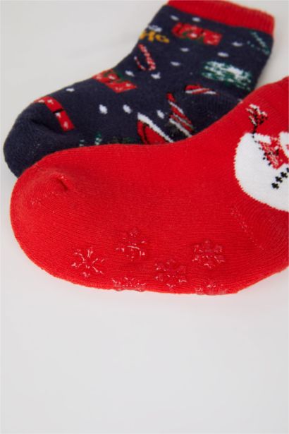 Yılbaşı Temalı Kaydırmaz Taban 2'li Pamuklu Uzun Çorap Erkek Bebek