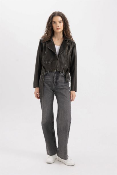 Su Geçirmez Oversize Geniş Kalıp Fermuarlı Eskitme Kemerli Suni Deri Kısa Ceket