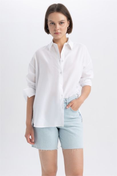 قميص كم طويل فوال اوفر سايز بياقة قميص