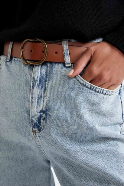 Women Oval Buckle Faux Leather Jeans Belt