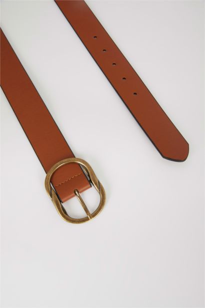 Women Oval Buckle Faux Leather Jeans Belt