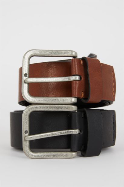 Man Square Clasp Faux Leather Dual Jean Belt