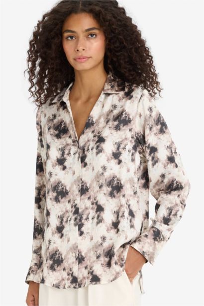 Oversize Fit Shirt Collar Satin Printed Long Sleeve Shirt