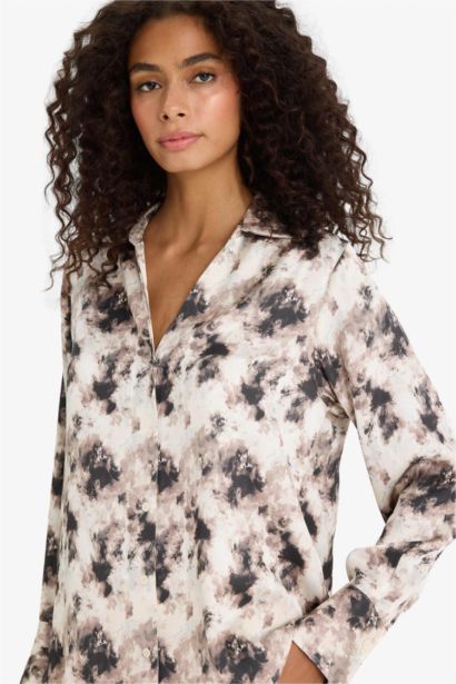 Oversize Fit Shirt Collar Satin Printed Long Sleeve Shirt