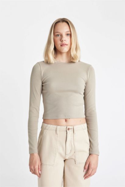 Fitted Bisiklet Yaka Fitilli Kaşkorse Basic Düz Uzun Kollu Tişört