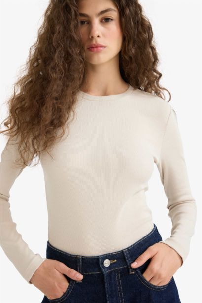 Fitted Crew Neck Ribbed Camisole Long Sleeve T-Shirt