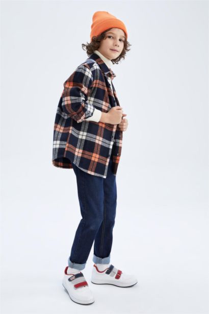 Boy Oversize Fit Polo Neck Flannel Long Sleeve Shirt