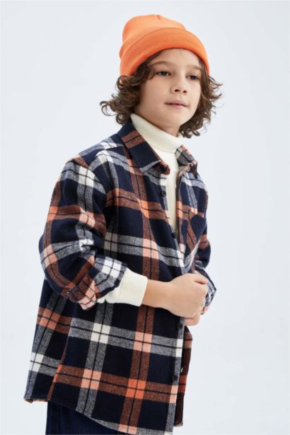 Boy Oversize Fit Polo Neck Flannel Long Sleeve Shirt