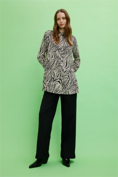 Regular Fit Shirt Collar Printed Long Sleeve Tunic