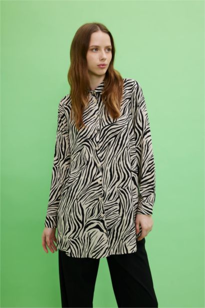 Regular Fit Shirt Collar Printed Long Sleeve Tunic