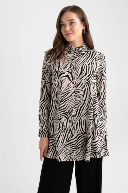 Regular Fit Shirt Collar Printed Long Sleeve Tunic