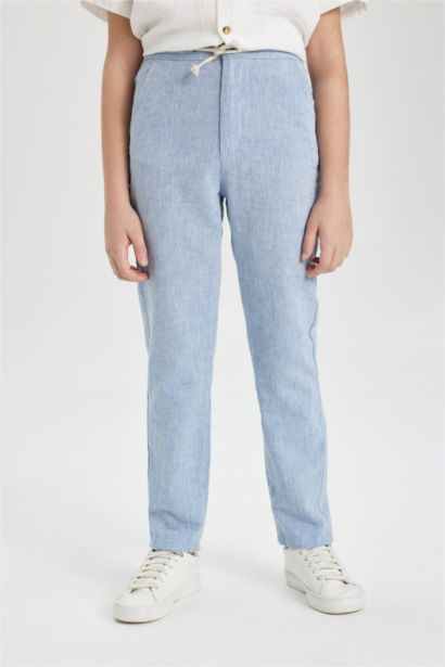 بنطلون اولادي قصة عادية برجل مستقيم من مزيج الكتان