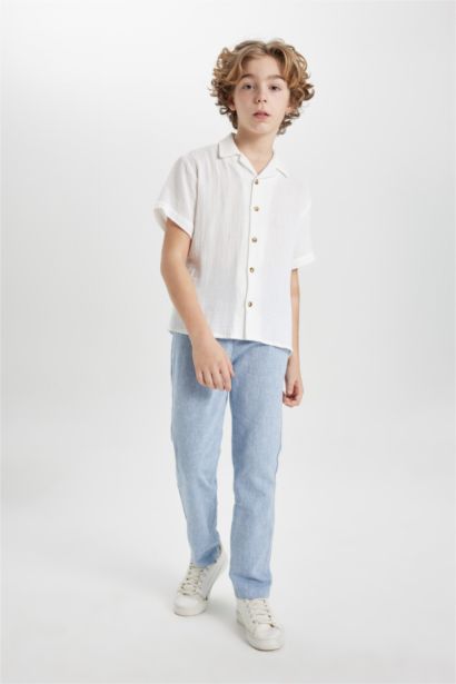 بنطلون اولادي قصة عادية برجل مستقيم من مزيج الكتان