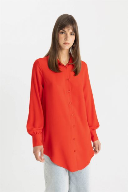 Regular Fit Shirt Collar Basic Long Sleeve Tunic