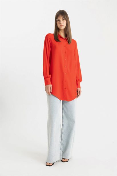 Regular Fit Shirt Collar Basic Long Sleeve Tunic