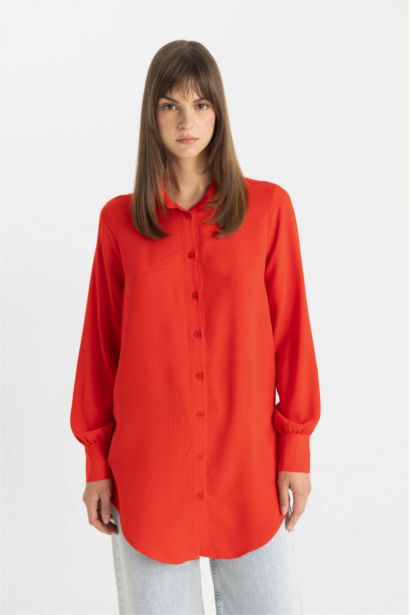 Regular Fit Shirt Collar Basic Long Sleeve Tunic