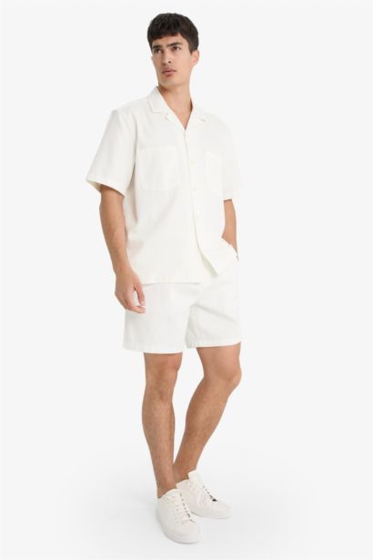 Cotton Relax Fit White Denim Bermuda Shorts