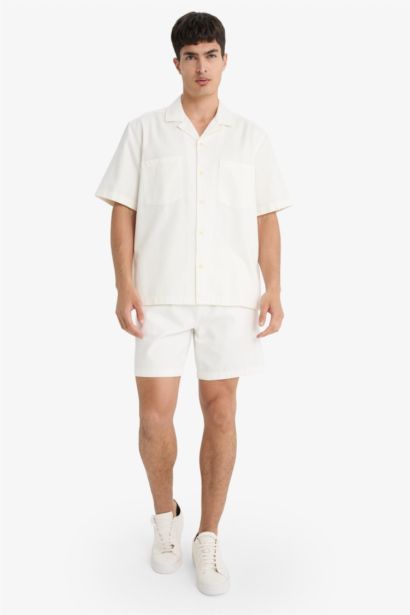 Cotton Relax Fit White Denim Bermuda Shorts