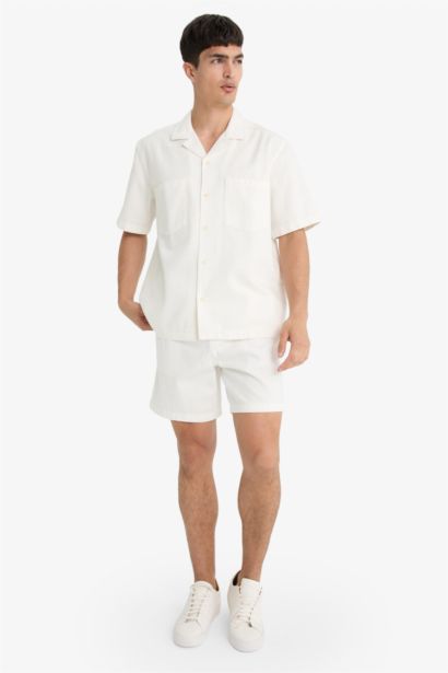 Cotton Relax Fit White Denim Bermuda Shorts