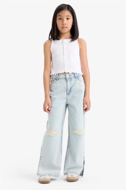 بنطرون جينز بناتي وايد ليج برجل واسع ممزق