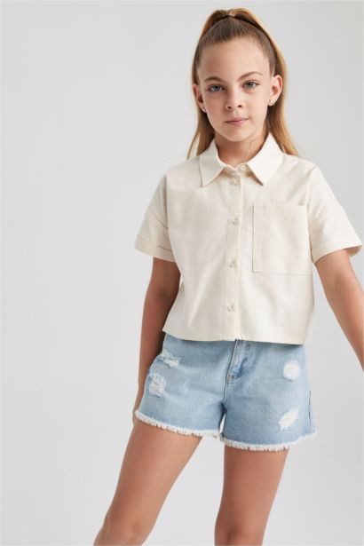 Girl Crop Linen Short Sleeve Shirt