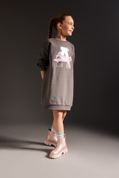 Girl Crew Neck Printed Sweat Dress