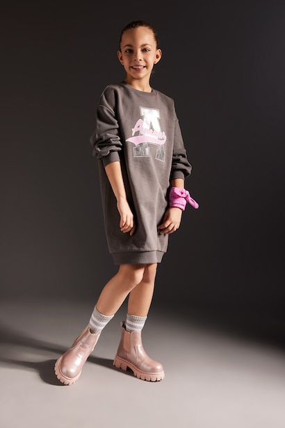 Girl Crew Neck Printed Sweat Dress