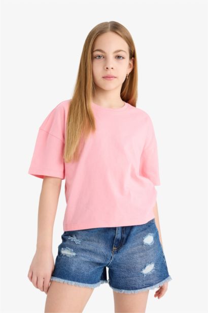 Girl Relax Fit Crew Neck Basic Short Sleeve T-Shirt