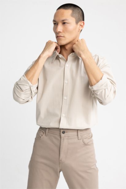 Modern Fit Polo Collar Linen Look Long Sleeve Shirt