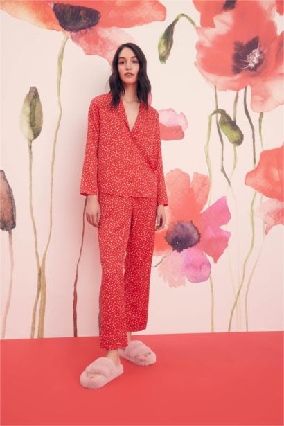 Fall In Love Valentine Regular Fit Pajama Collar Heart Patterned Pajama Top