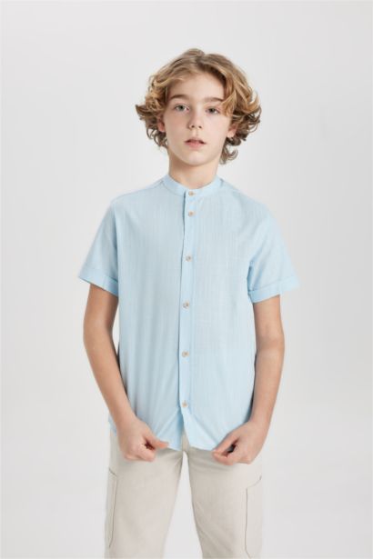 Boy Regular Fit Stand Collar Linen Look Shirt