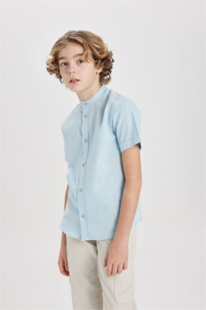 Boy Regular Fit Stand Collar Linen Look Shirt