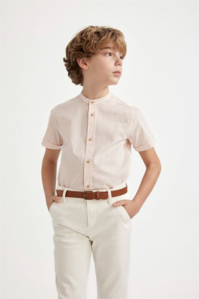 Boy Regular Fit Stand Collar Linen Look Shirt