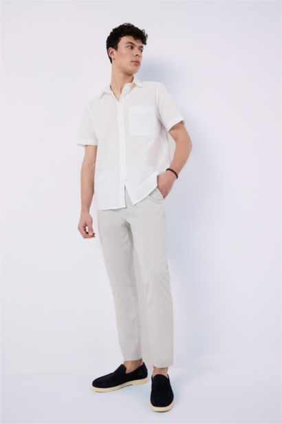 بنطلون كتان جوجر صيفي قطن برجل ضيقة وخصر مطاطي رمادي فاتح