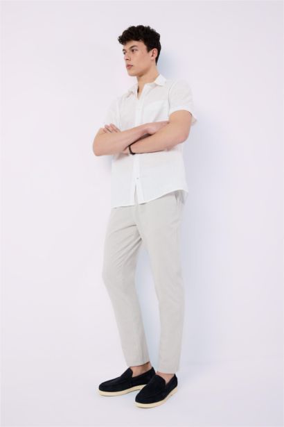 بنطلون كتان جوجر صيفي قطن برجل ضيقة وخصر مطاطي رمادي فاتح