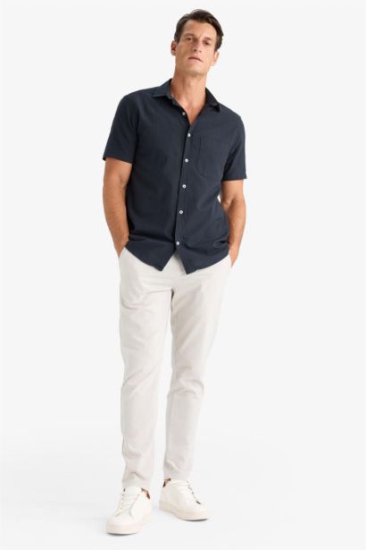 بنطلون كتان جوجر صيفي قطن برجل ضيقة وخصر مطاطي رمادي فاتح