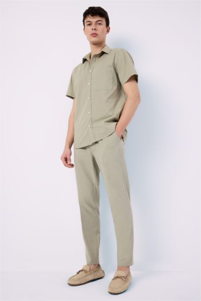 100% Cotton Linen Look Elastic Waist Slim Fit Trousers